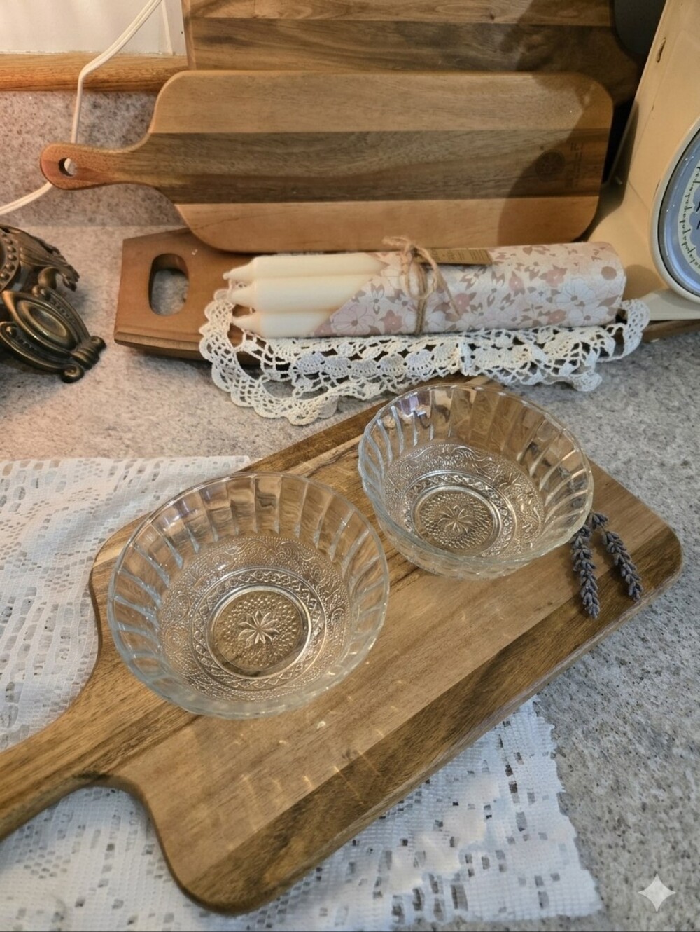 ​Vintage Clear Pressed Glass Dessert Bowls | Set of 2 | Fluted Floral Crosshatch